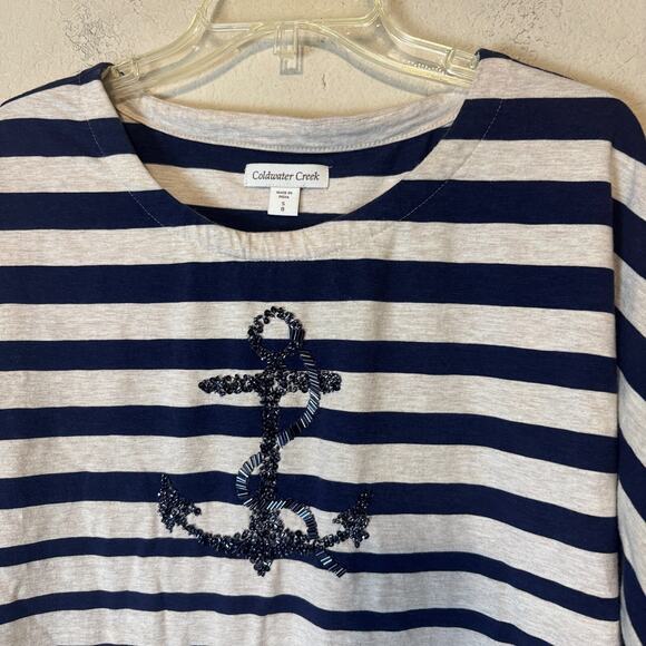 Coldwater Creek Breton Stripe Top Beaded sequins Shirt Size S/8 Nautical Anchor - Picture 2 of 8